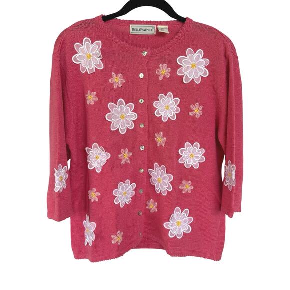 Vintage Bubblegum Baby Pink Daisy Floral Grandma Cardigan Sweater Cottage Large - Picture 1 of 8